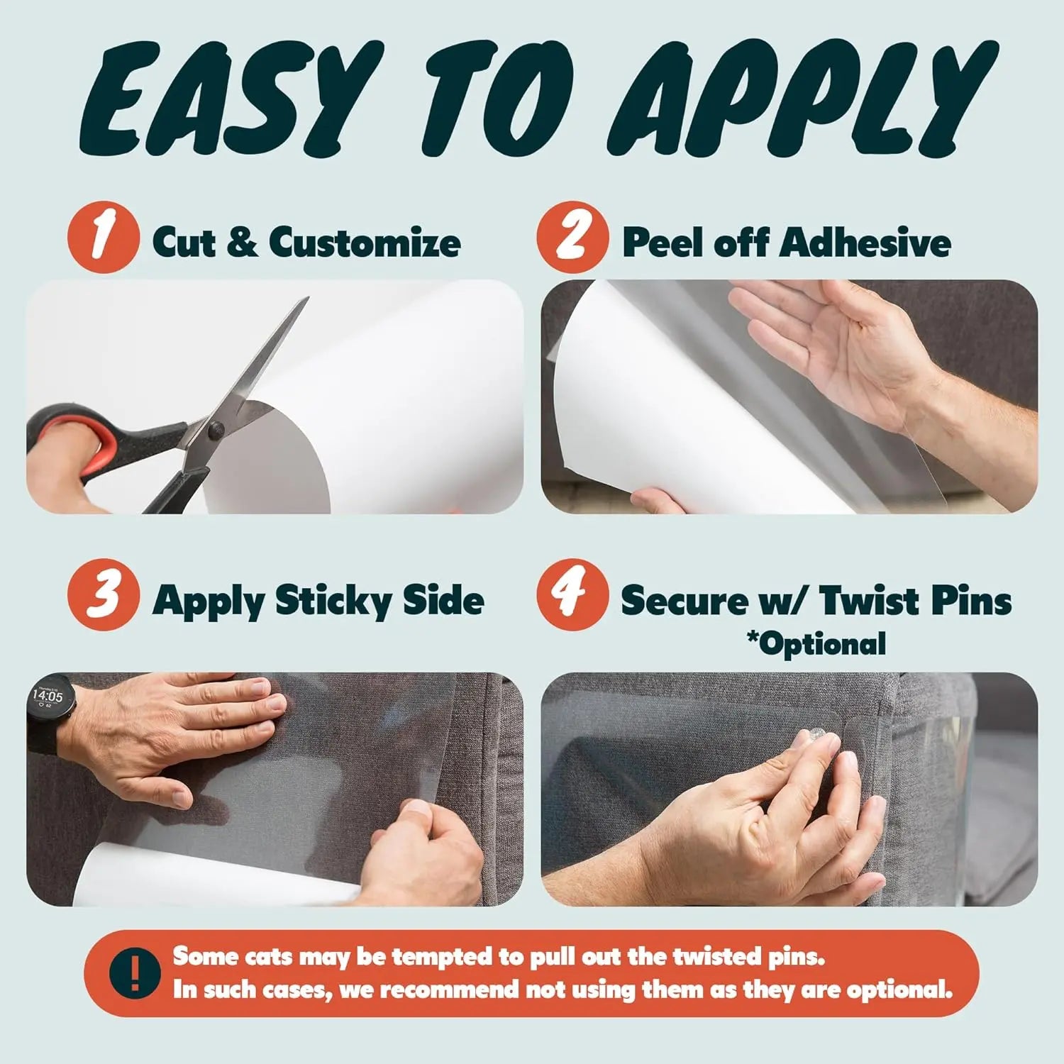 AISOON 12 Pack anti Cat Scratch Furniture Protector, Couch Protector from Cat Claws - Heavy-Duty, Easy-To-Apply Scratching Deterrent and Shield for Sofa Corners, Walls, Doors- with 50 Twist Pins