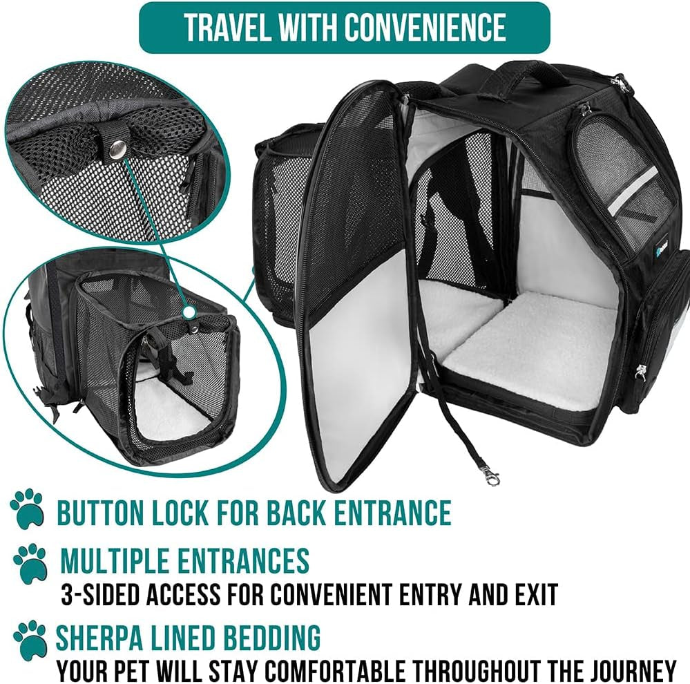 Dog Cat Backpack Carrier, Expandable Pet Carrier Backpack for Travel Hiking, Small Medium Dog Puppy Large Cat Carrying Backpack, Airline Approved Ventilated Soft Back Support, 18 Lbs, Black