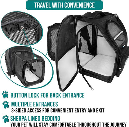 Dog Cat Backpack Carrier, Expandable Pet Carrier Backpack for Travel Hiking, Small Medium Dog Puppy Large Cat Carrying Backpack, Airline Approved Ventilated Soft Back Support, 18 Lbs, Black
