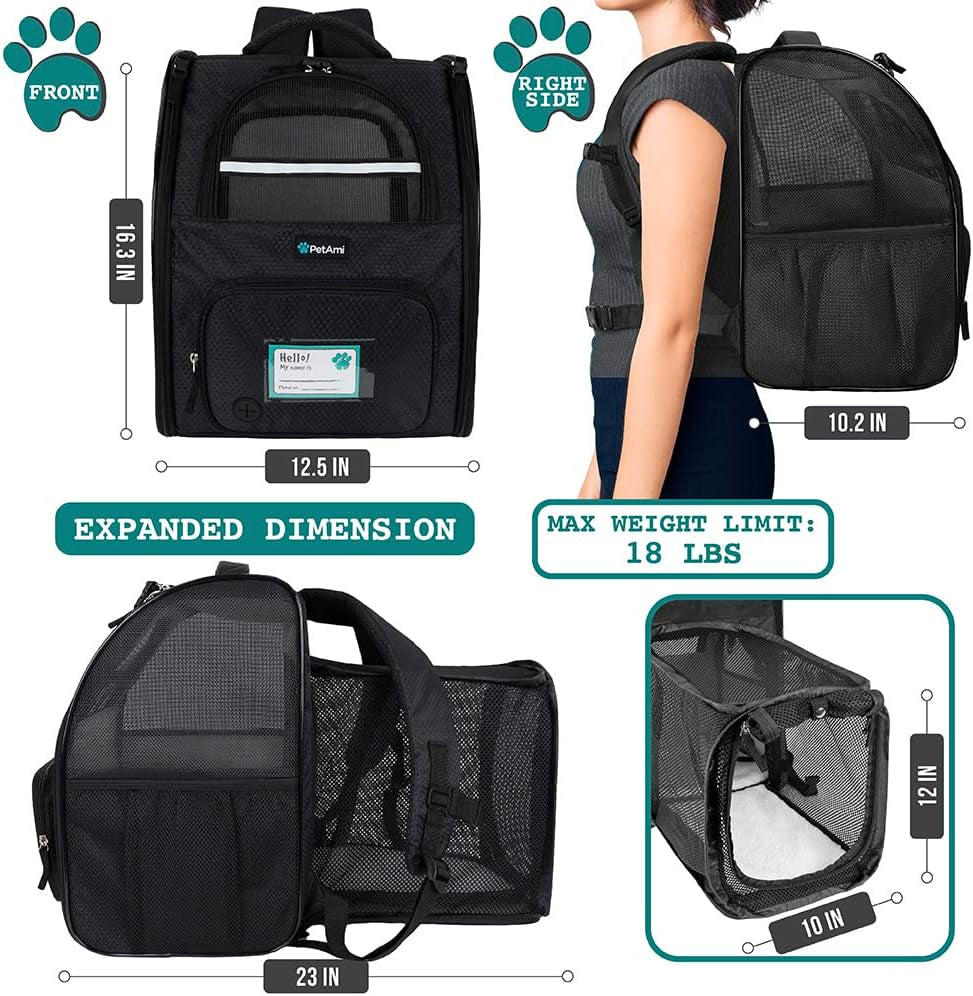 Dog Cat Backpack Carrier, Expandable Pet Carrier Backpack for Travel Hiking, Small Medium Dog Puppy Large Cat Carrying Backpack, Airline Approved Ventilated Soft Back Support, 18 Lbs, Black